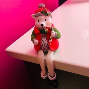 Christmas Bear Figurine With Dangling Knit Legs | Hanging Holiday Decor | NWT